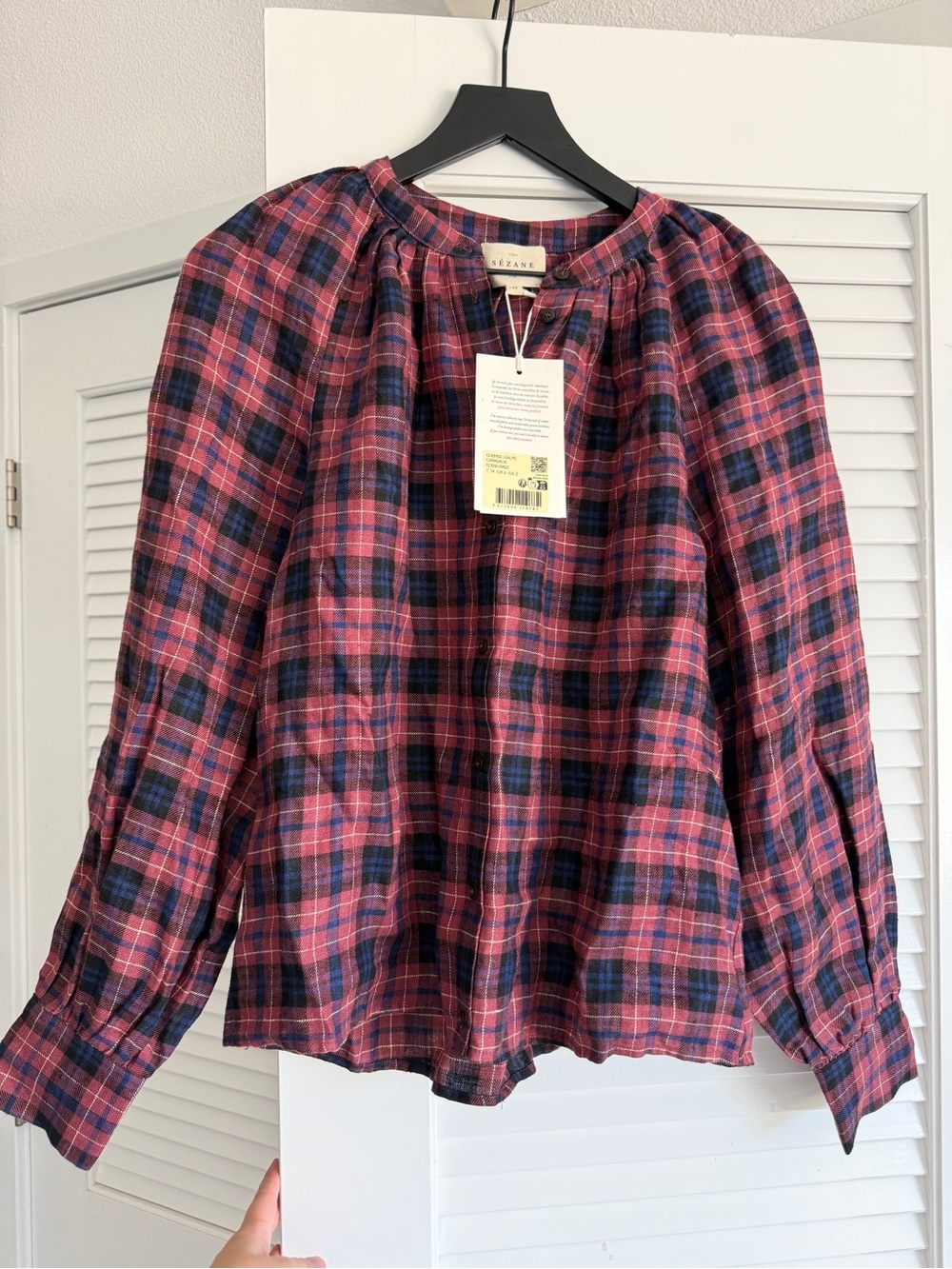 NWT Sezane Lealys 100% Linen Shirt Check Print Rose and Mauve FR Size 34 US 2